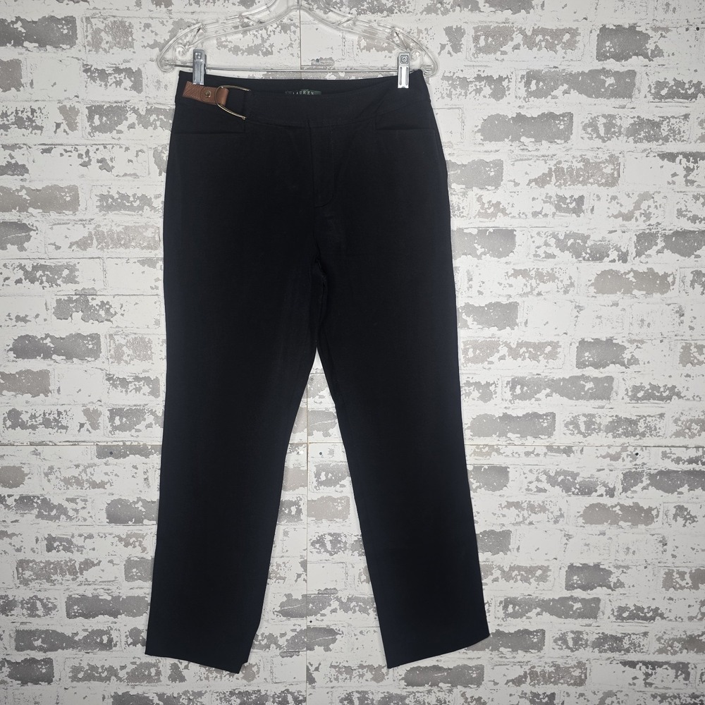 Lauren Ralph Lauren Pants Women 8P Black Equestrian Leather Belted Stretch Ankle